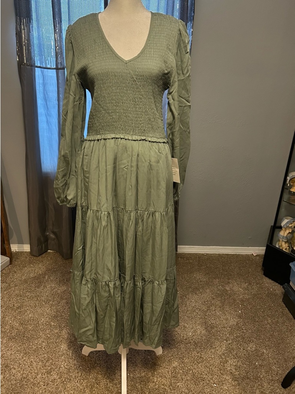 bohme Olive Green Maxi Dress with Smocked Bodice